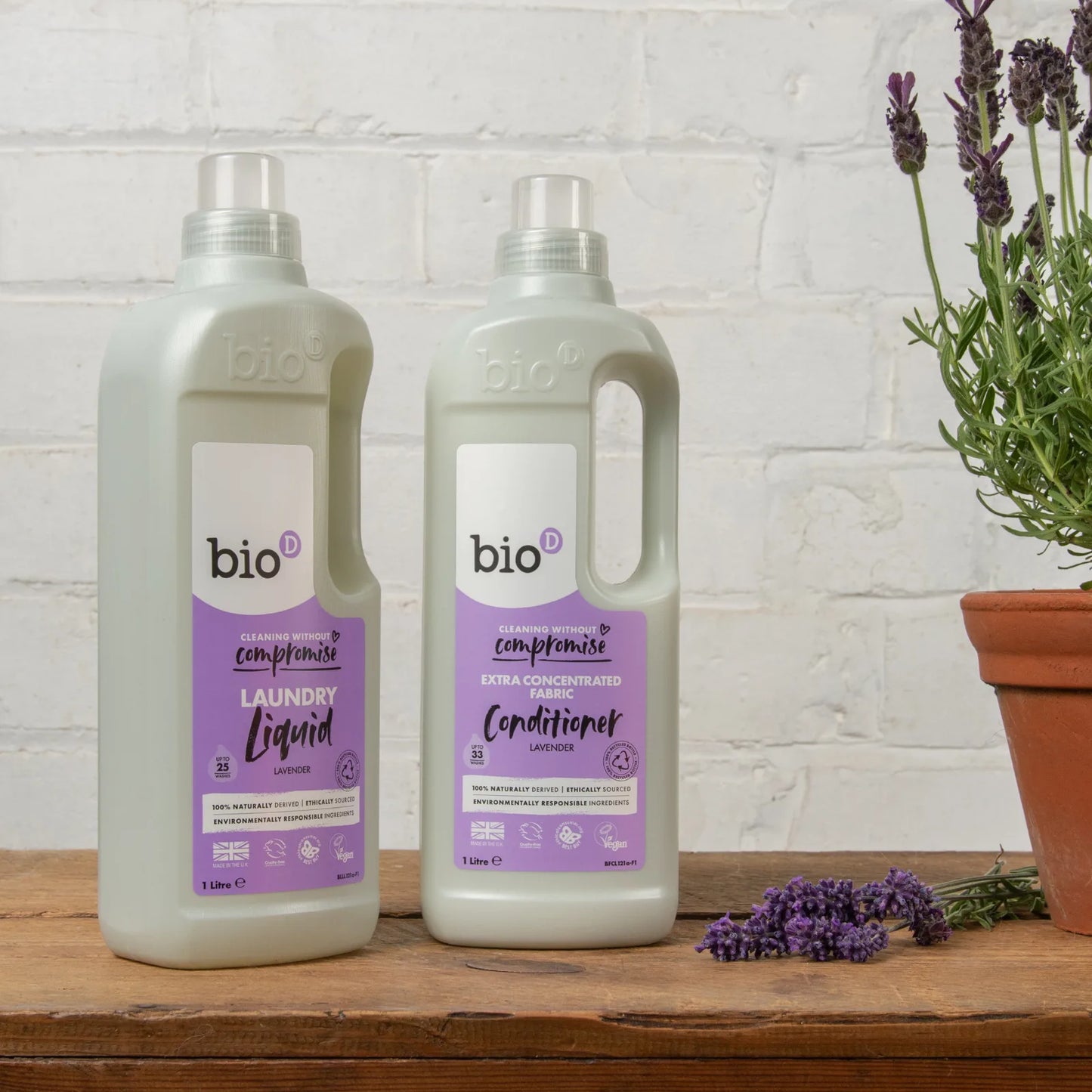Bio-D Laundry Liquid & Fabric Conditioner Lavender 1 litre Front bottles with a lavender plant.