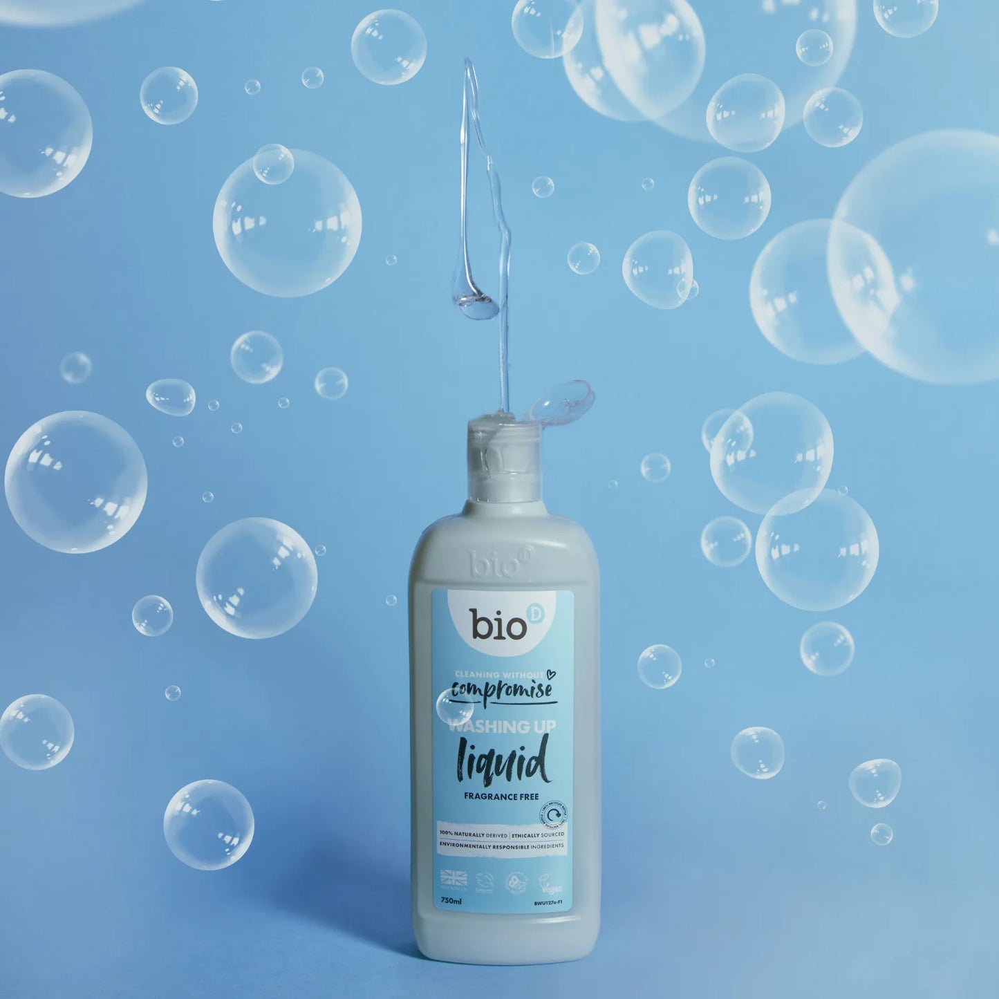 Bio-D Washing-Up Liquid Fragrance Free 750ml Front label bottle with bubbles.
