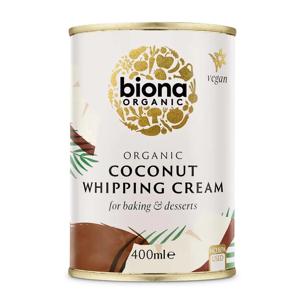 Biona Coconut Whipping Cream 400ml for baking & desserts BPA free tin.