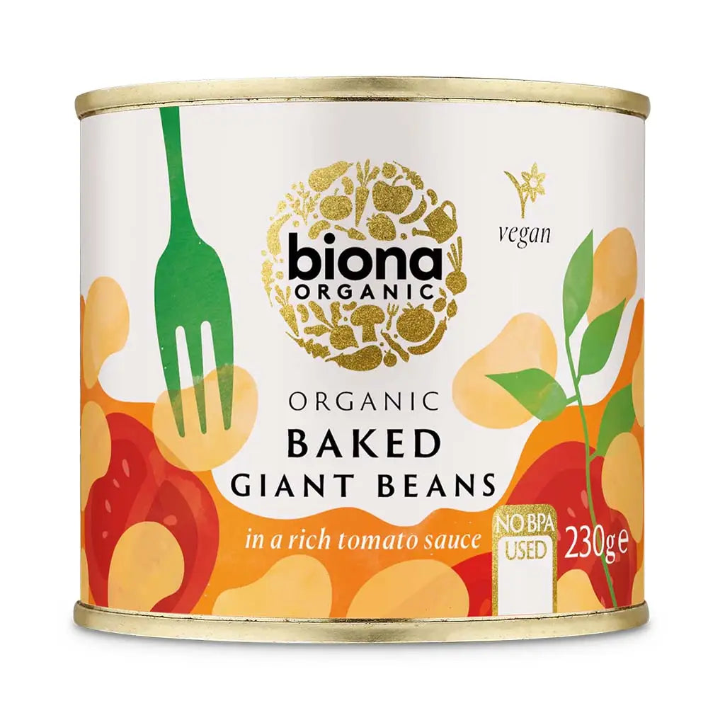 Biona Giant Baked Beans 230g in tomato sauce BPA free tin.