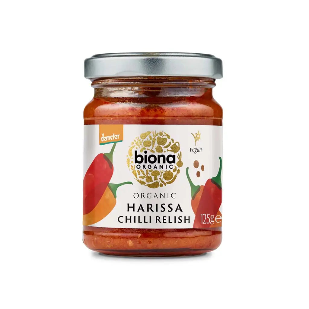 Biona Harissa Chilli Relish Organic 125g glass jar.