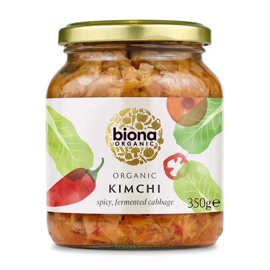 Biona Kimchi Organic 350g spicy, fermented cabbage glass jar.