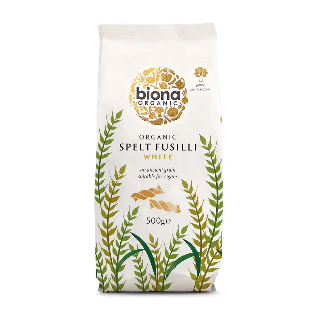 Biona Spelt Fusilli Pasta White Organic 500g paper bag.