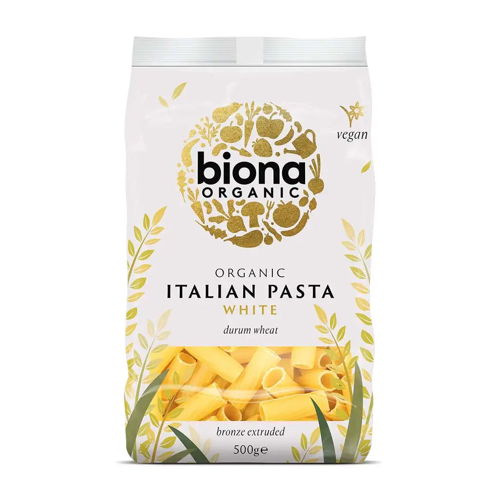 Biona Rigatoni Pasta White Organic 500g bag.