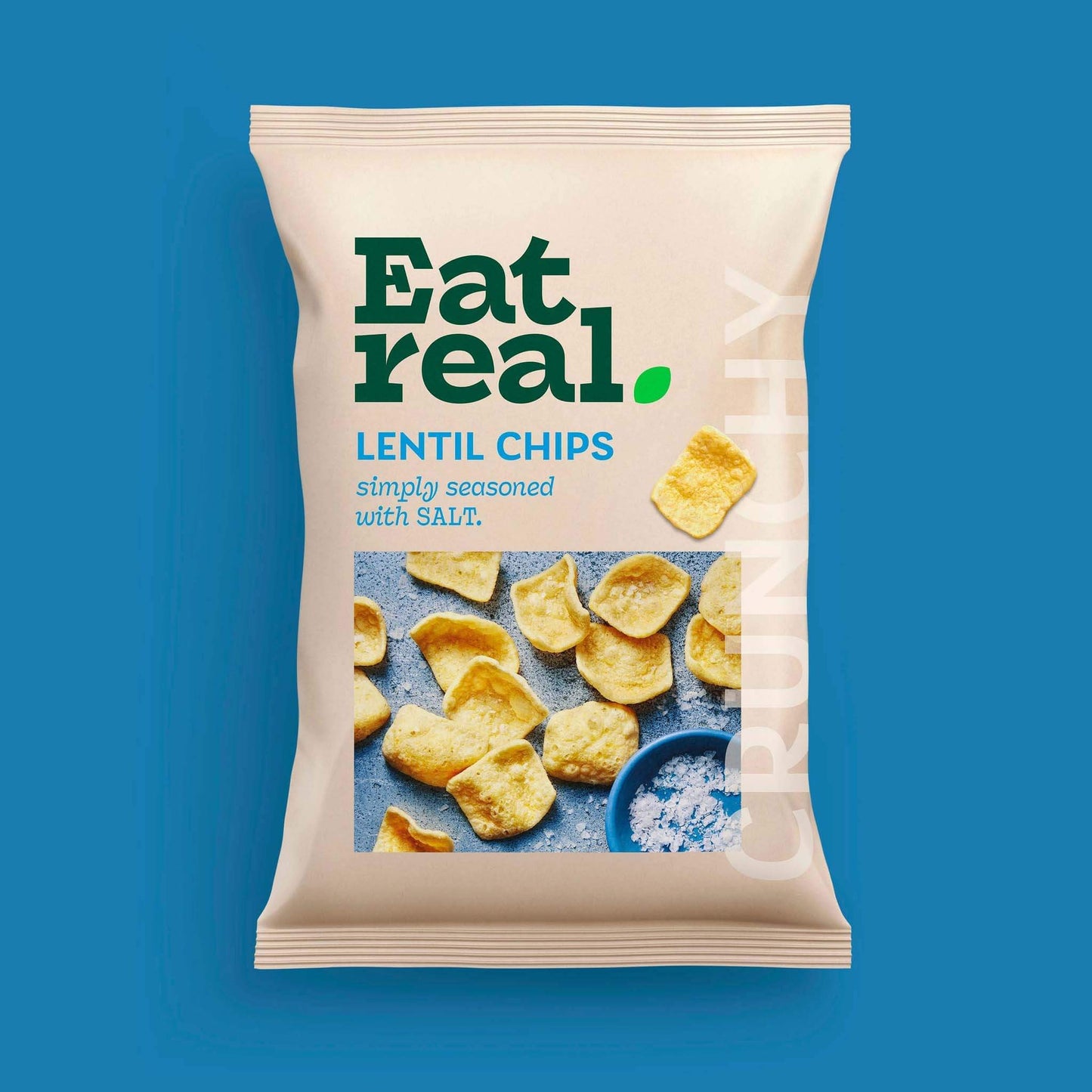 Pack of Eat Real 40g salted lentil chips on a blue background
