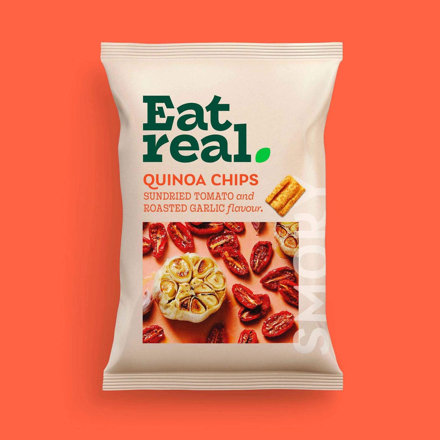 Pack of Eat Real 90g sundried tomato & roasted garlic flavour quinoa chips on an orange background.