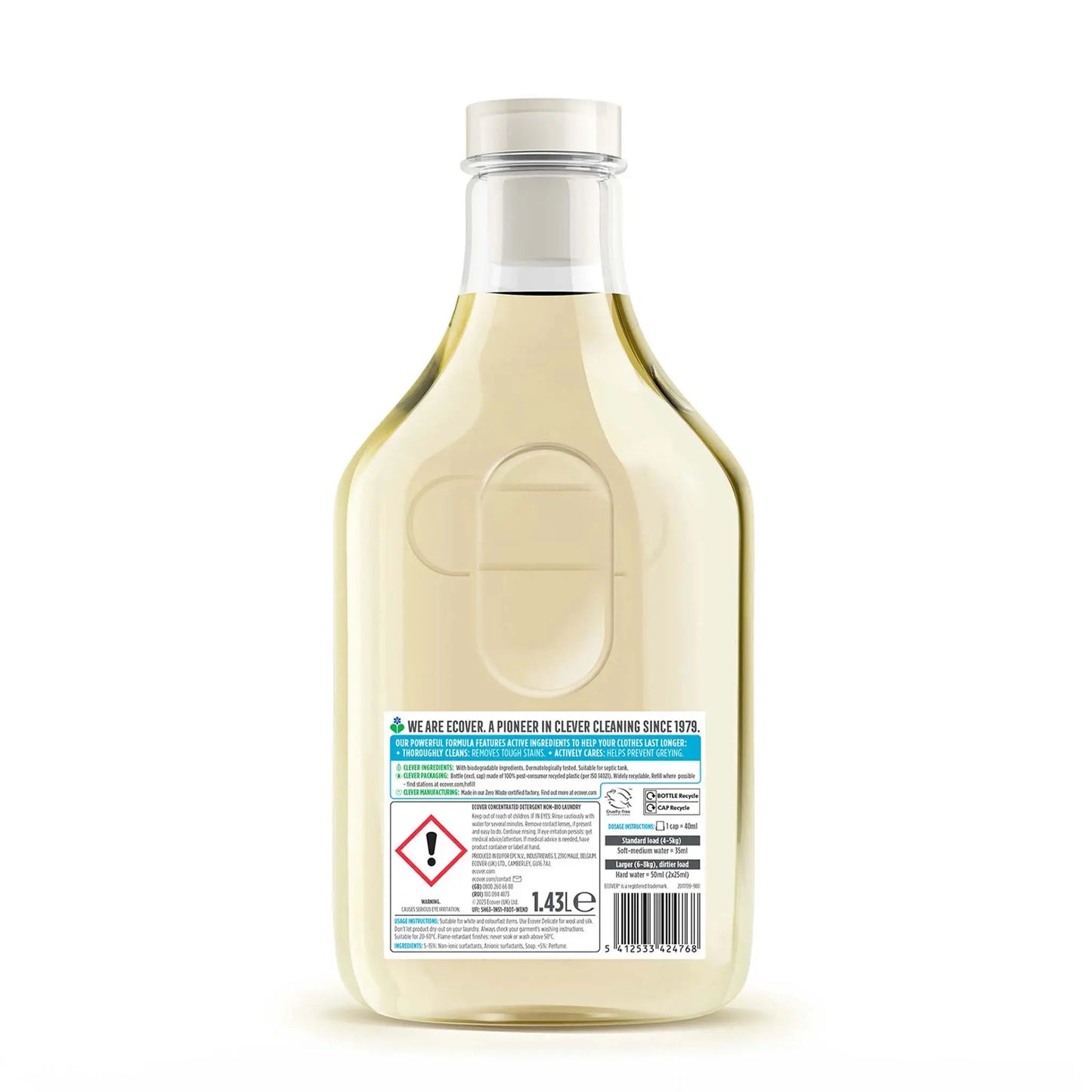 Ecover Non-Bio Concentrated Laundry detergent lavender & sandalwood scented 1.43 litre refill bottle back label.