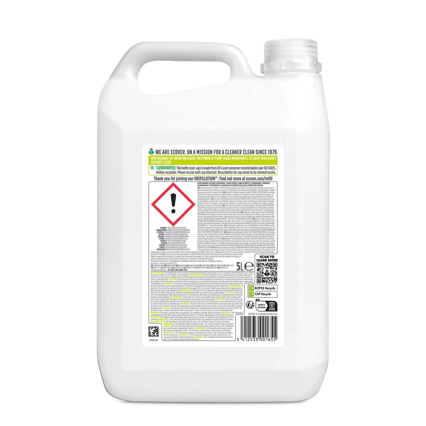 Ecover Washing-Up Liquid Lemon & Aloe Vera 5 Litre refill bottle back label.