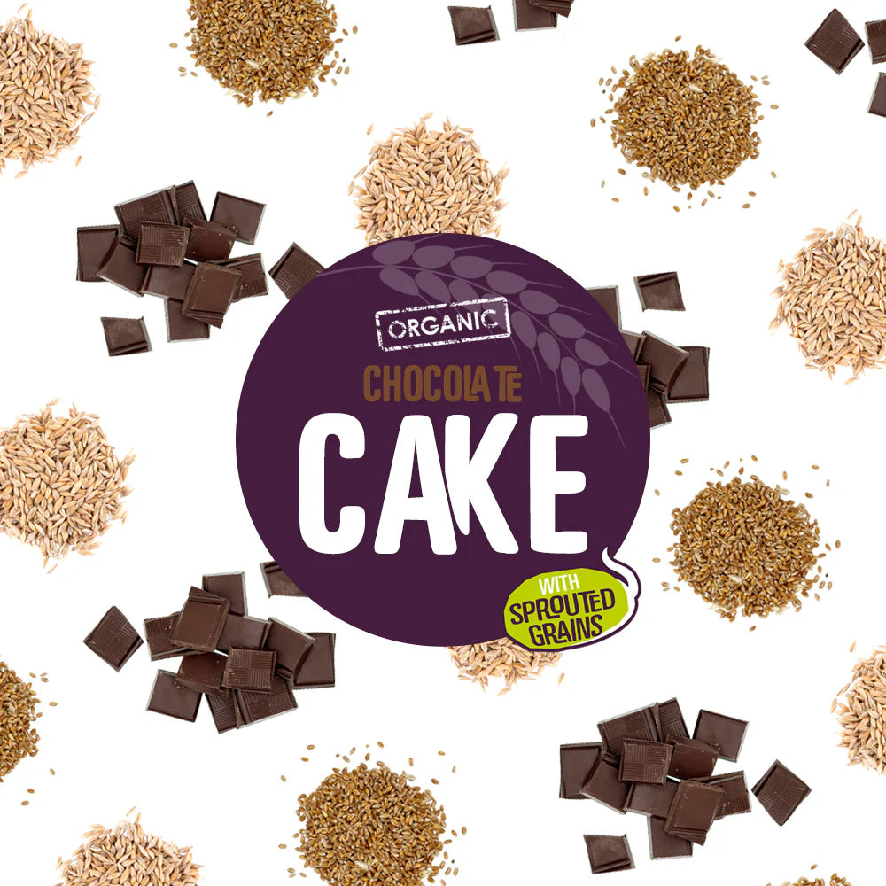 Everfresh chocolate cake label with sprouted grains and chunks of chocolate on a white background.
