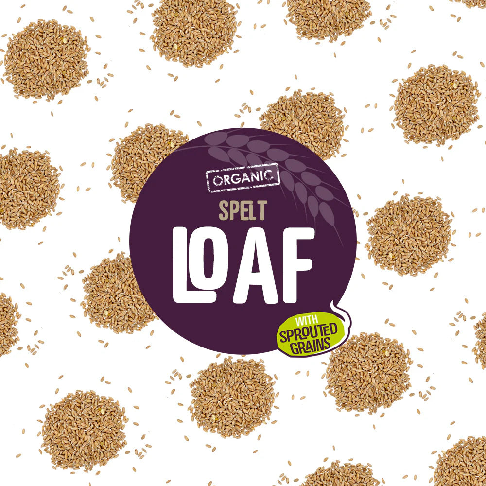 Everfresh spelt loaf label with sprouted grains on a white background.