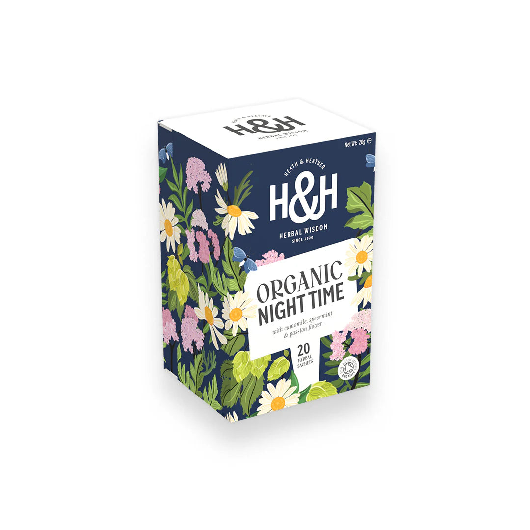 Heath & Heather Night Time Teabags Organic packaging with floral design and 20 teabags for a tranquil night.