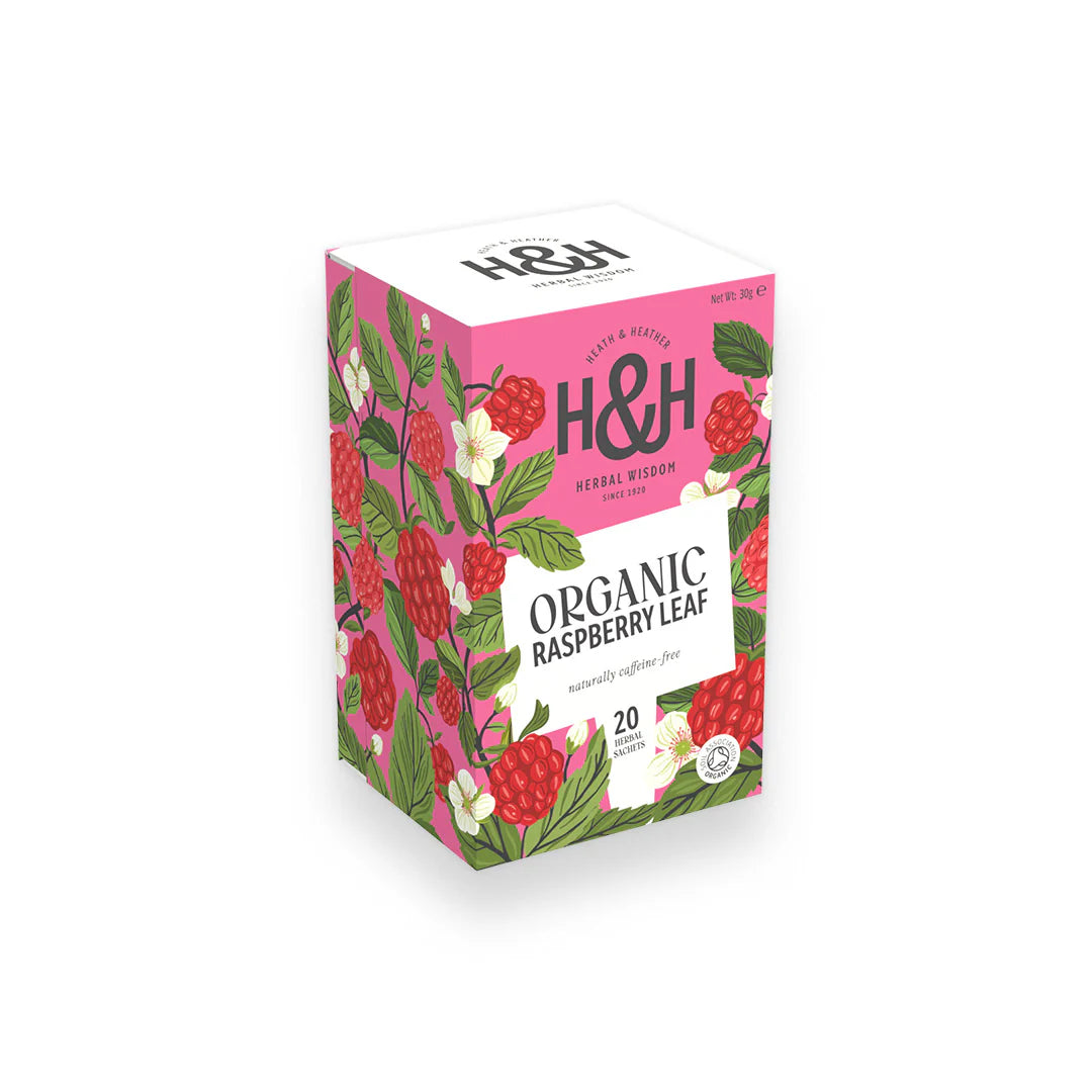 Heath & Heather Raspberry Leaf Teabags Organic in a floral packaging design, featuring raspberry leaves and fruits.