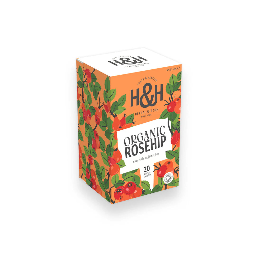 Heath & Heather Rosehip Teabags Organic packaging with vibrant design featuring rosehip berries.