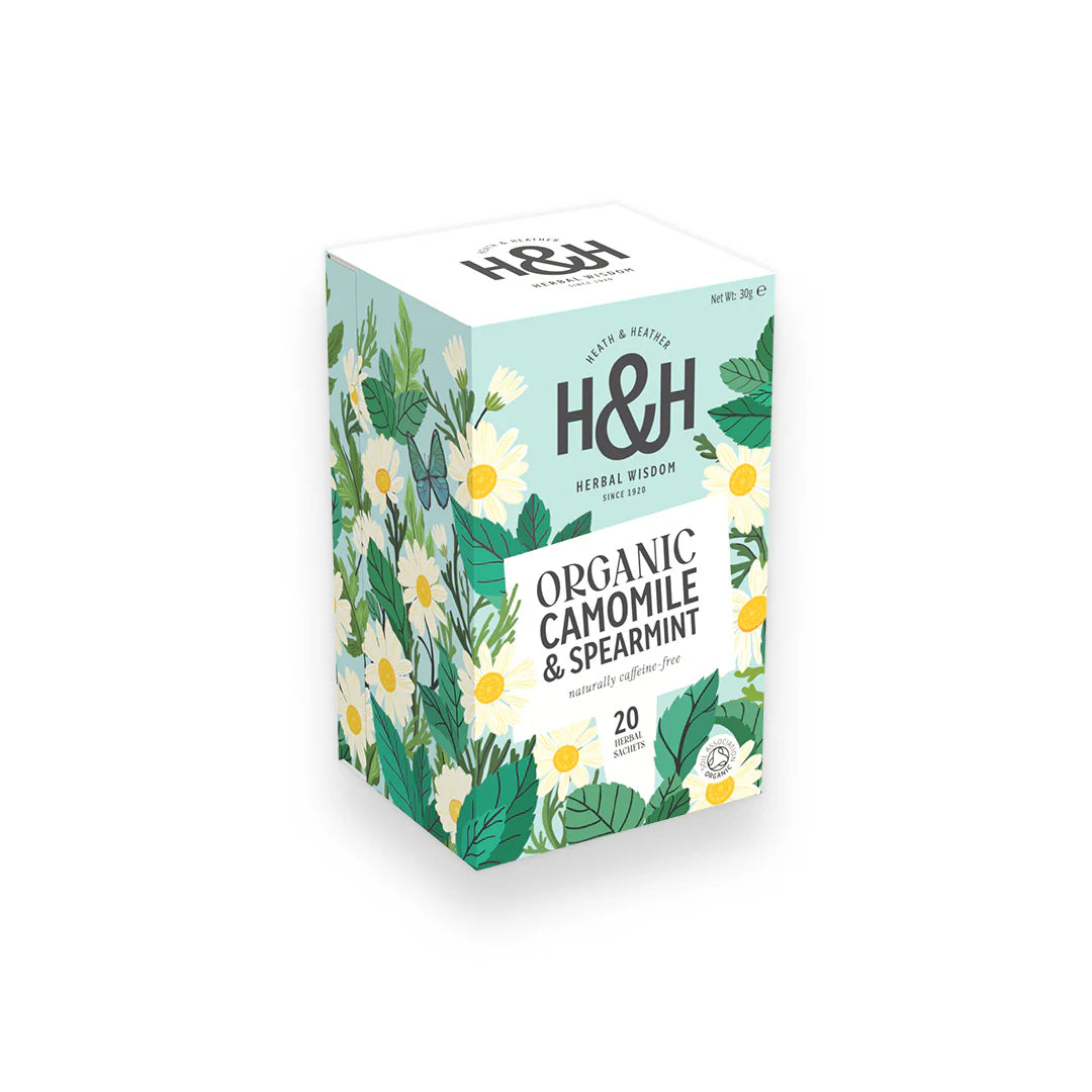 Heath & Heather Camomile & Spearmint Teabags Organic packaging with floral design and 20 teabags.