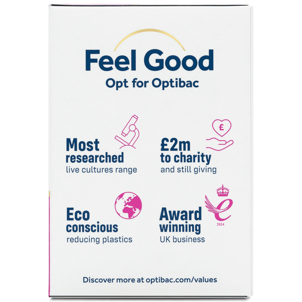 Front view of the Opt for Optibac Pregnancy Feel Good product packaging box, featuring a white background with blue and pink text and icons.