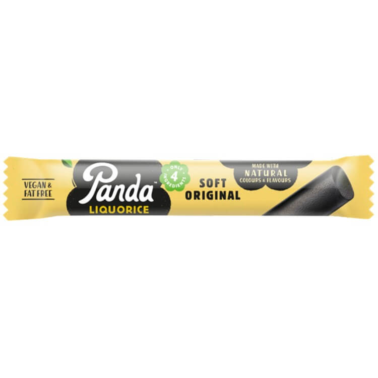 Panda Liquorice Bars packaging with soft original flavor, vegan and fat-free snacks.