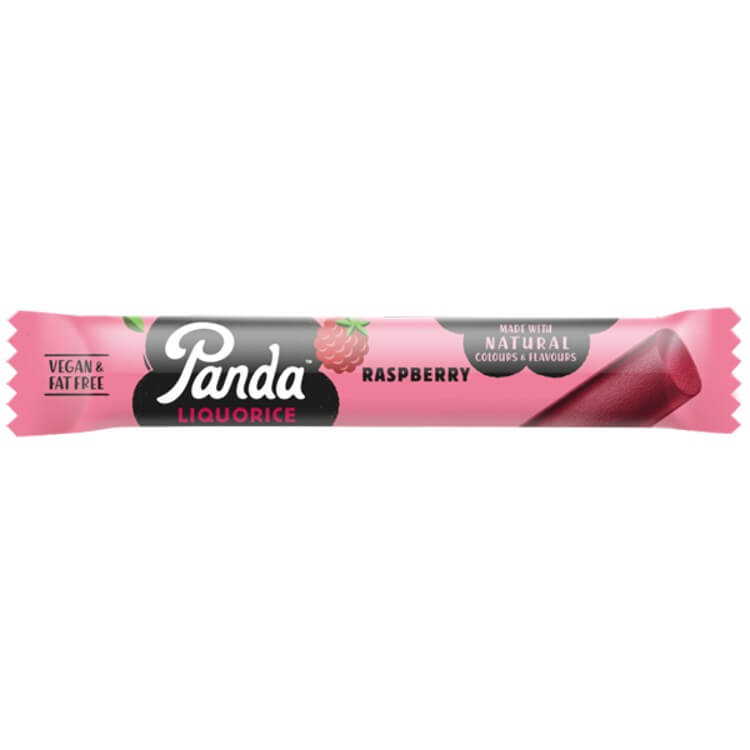 Panda Liquorice Raspberry Bars pack showcasing vegan-friendly, fat-free raspberry liquorice.