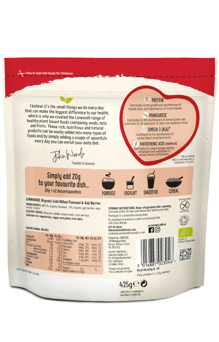 Linwoods Flaxseed & Goji Berries back of pack, ingredients and nutrition