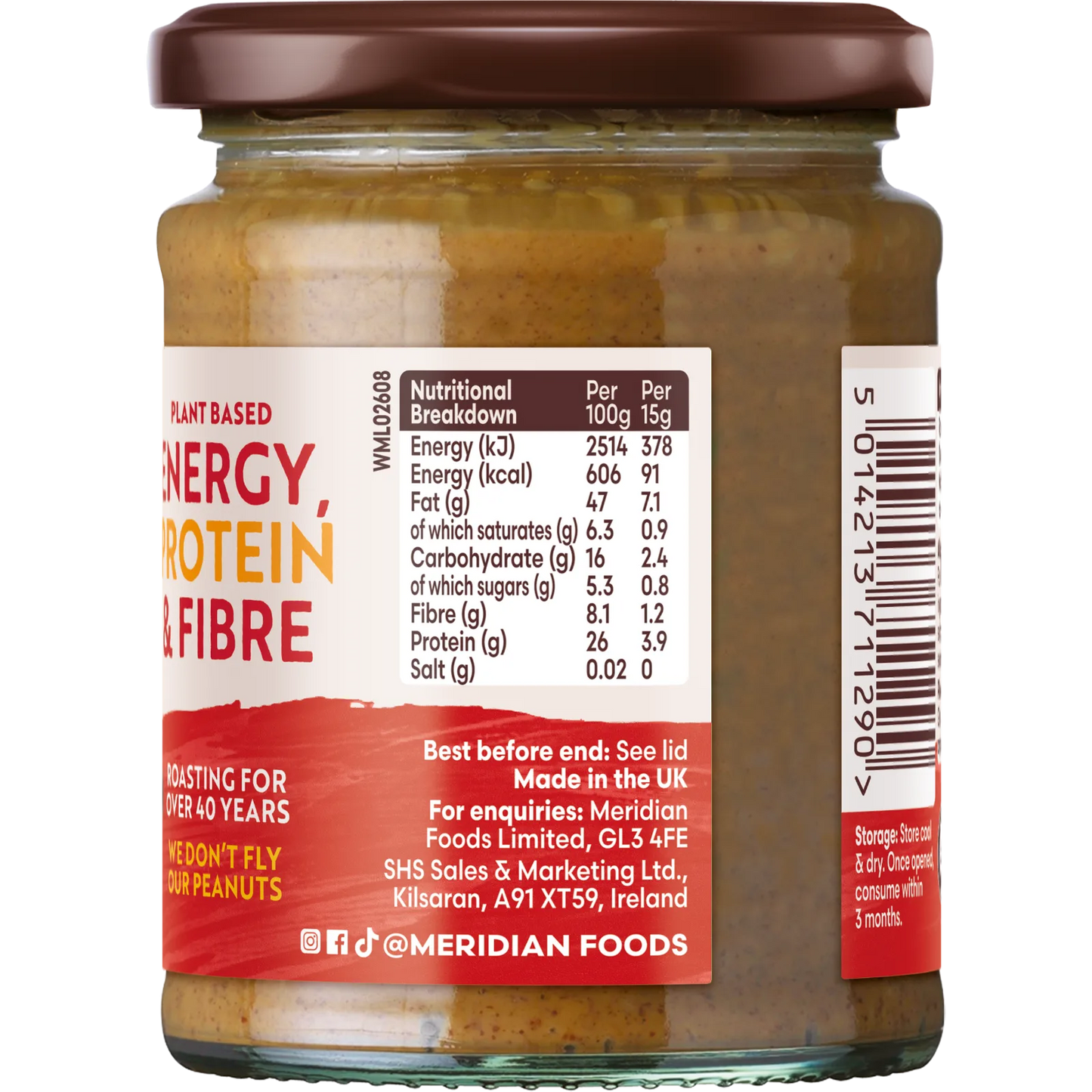 Meridian Crunchy Peanut Butter 280g nutrition label