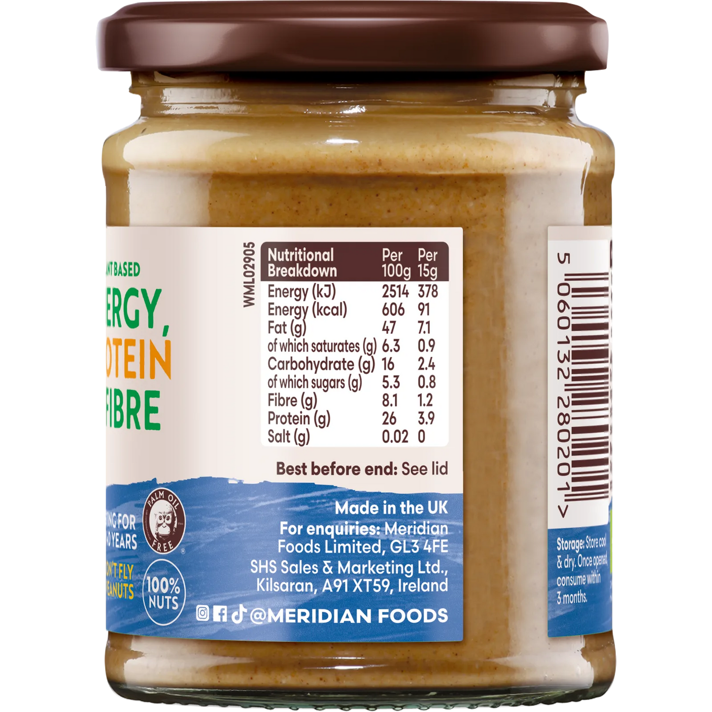 Meridian Organic Smooth Peanut Butter 280g nutrition label