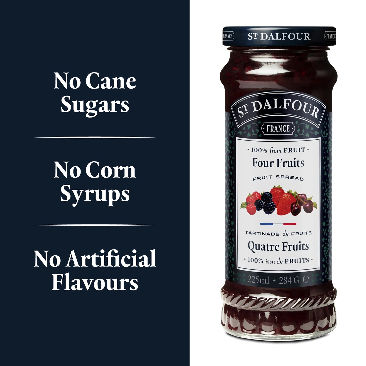 St Dalfour Four Fruits Preserve ingredient callouts