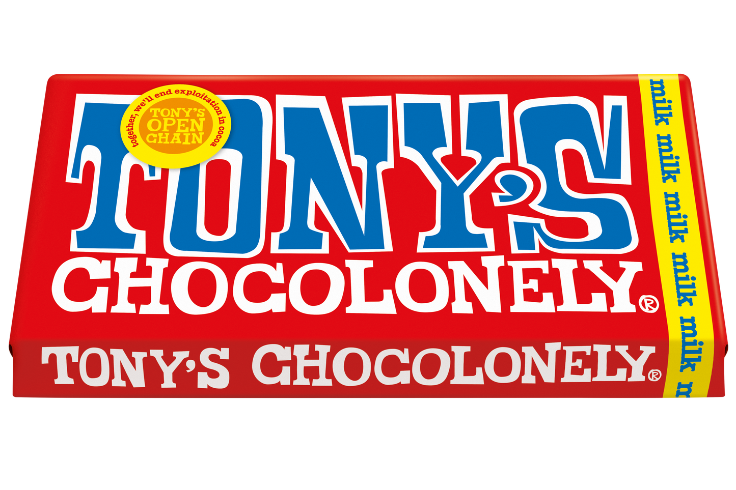 Tony's Chocolonely Milk Chocolate 32% bar, angled pack shot