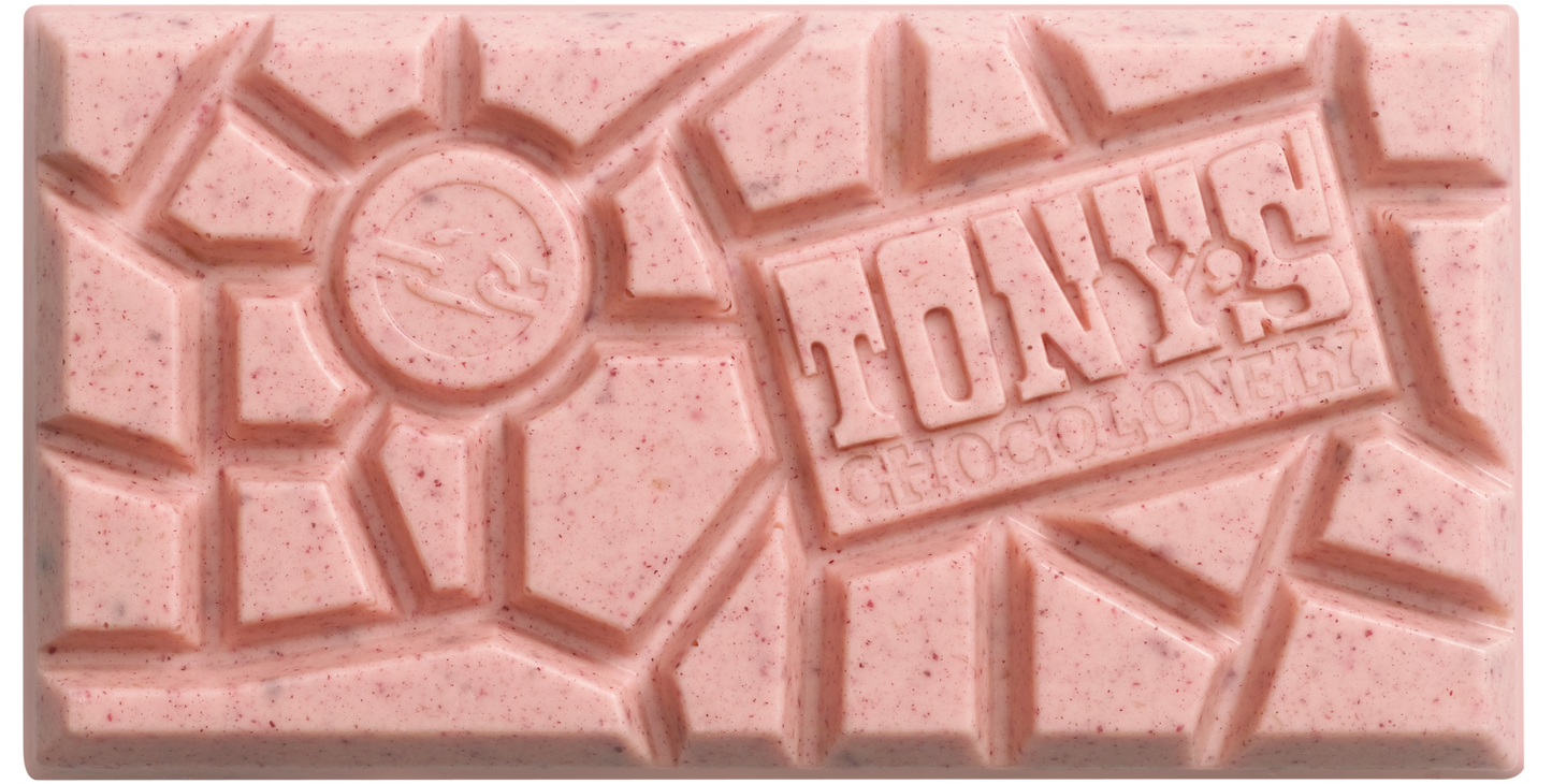 Tony's Chocolonely White Raspberry Popping Candy unwrapped chocolate bar