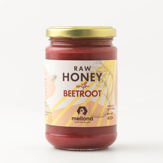 Mellona Raw Honey with Beetroot in a jar featuring a colorful label and 400g net weight, produced in Cyprus.