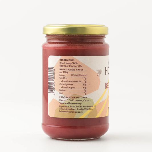 Mellona Raw Honey with Beetroot in a jar with nutritional information and ingredients list.
