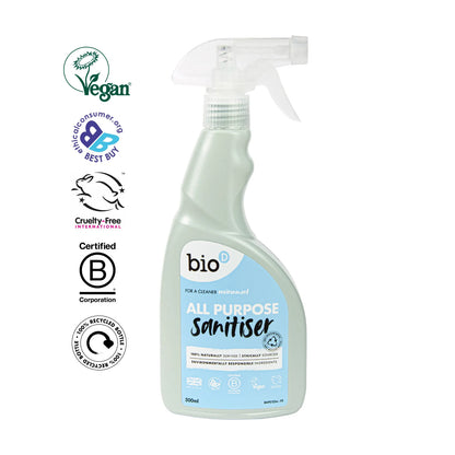 Bio-D All Purpose Sanitiser Spray 500ml Front label bottle with logos.