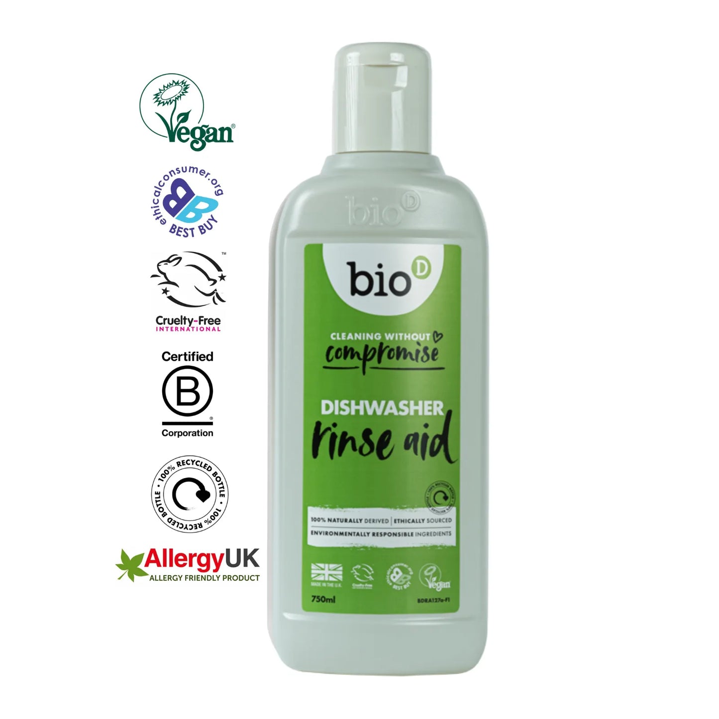 Bio-D Dishwasher Rinse Aid 750ml Front label bottle with logos.