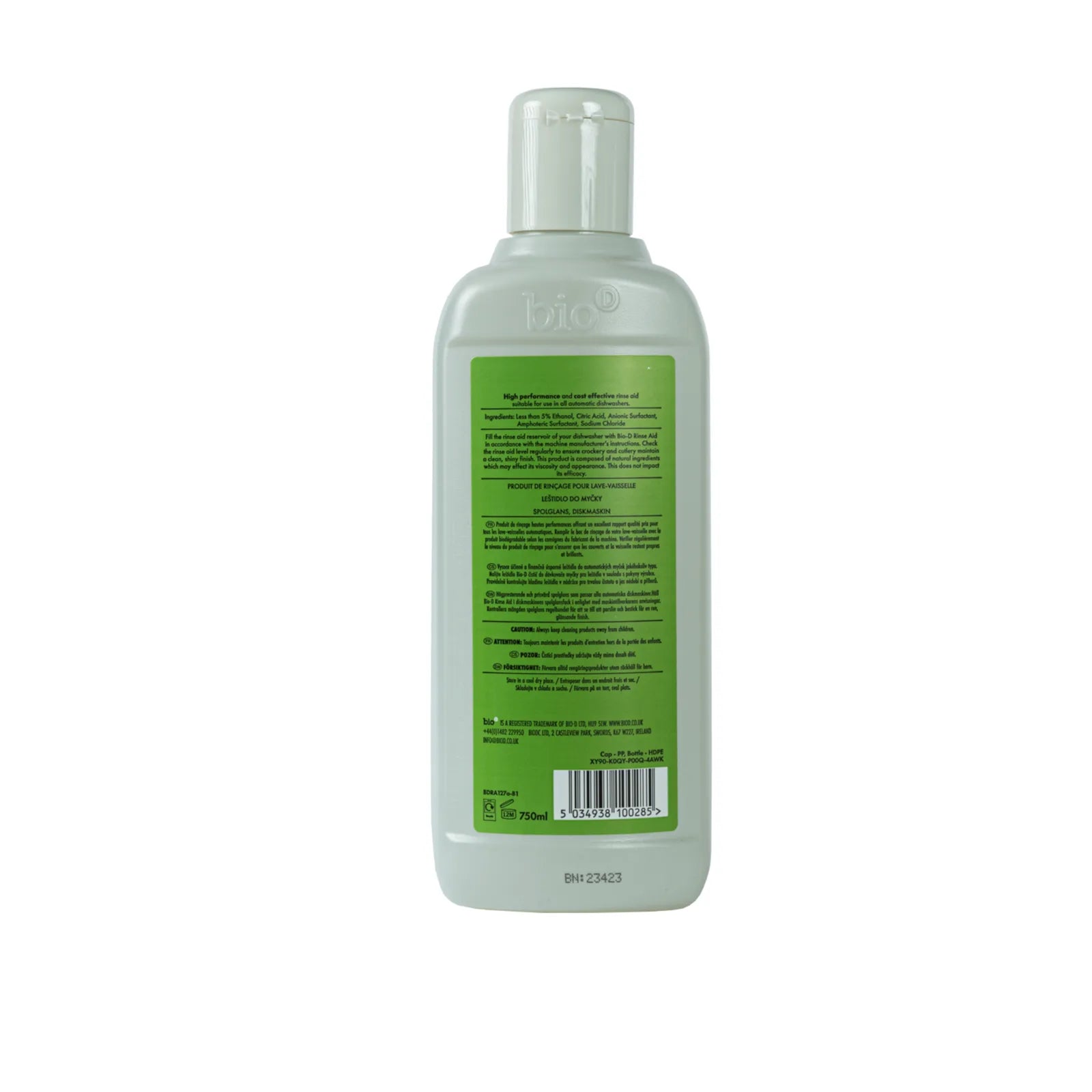Bio-D Dishwasher Rinse Aid 750ml Back label bottle.