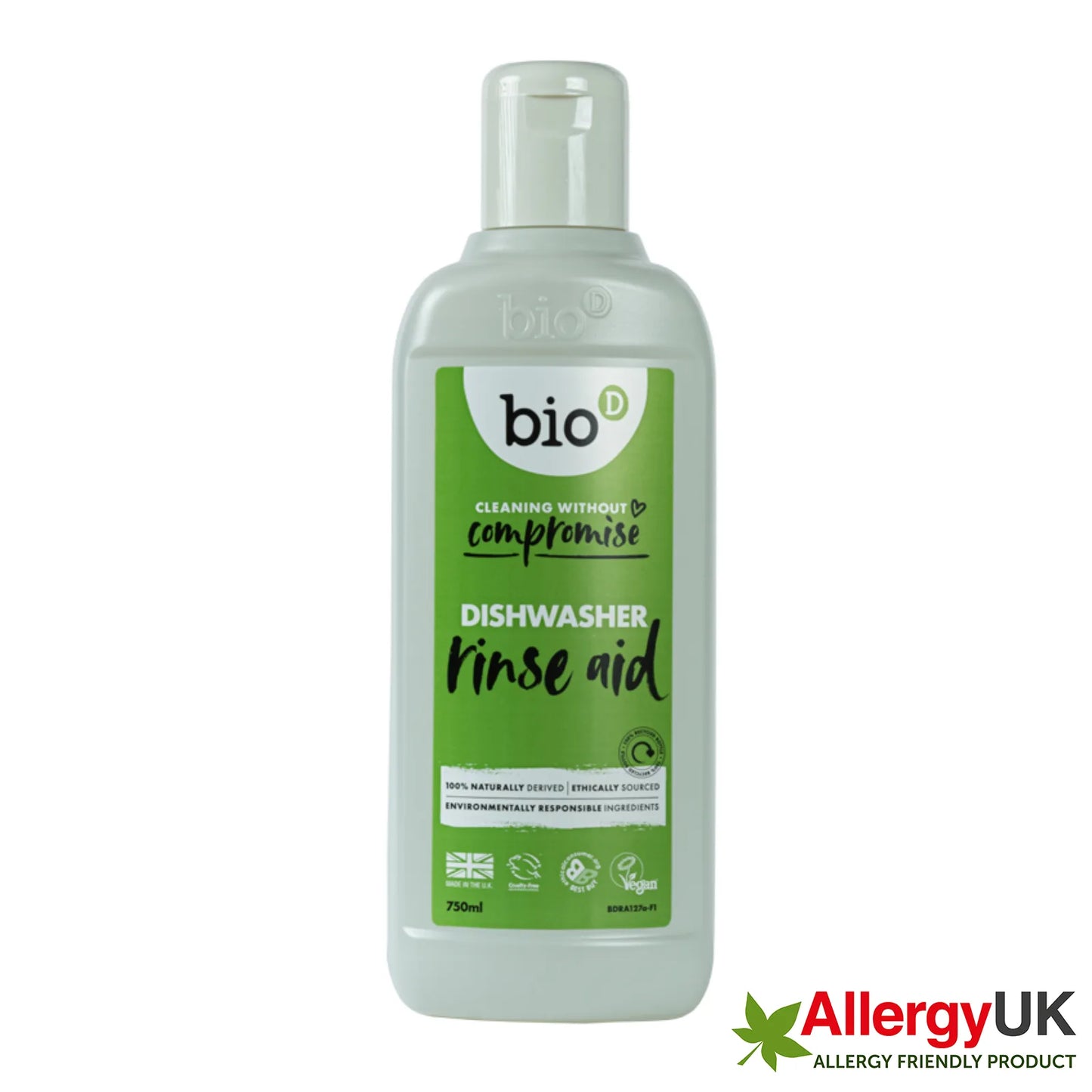 Bio-D Dishwasher Rinse Aid 750ml Front label bottle with Allergy UK friendly logo.