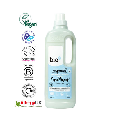 Bio-D Fabric Conditioner Fragrance Free 1 litre Front label bottle with logos.
