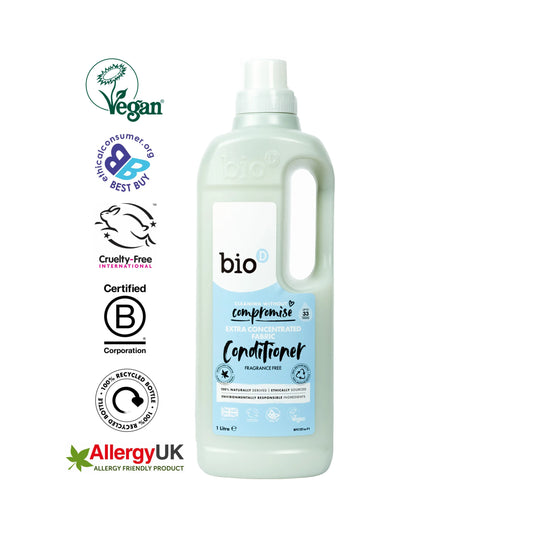 Bio-D Fabric Conditioner Fragrance Free 1 litre Front label bottle with logos.