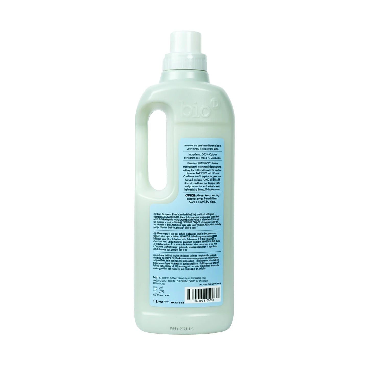 Bio-D Fabric Conditioner Fragrance Free 1 litre Back label bottle.