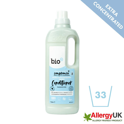 Bio-D Fabric Conditioner Fragrance Free 1 litre Front label bottle Extra concentrated with Allergy K friendly logo.