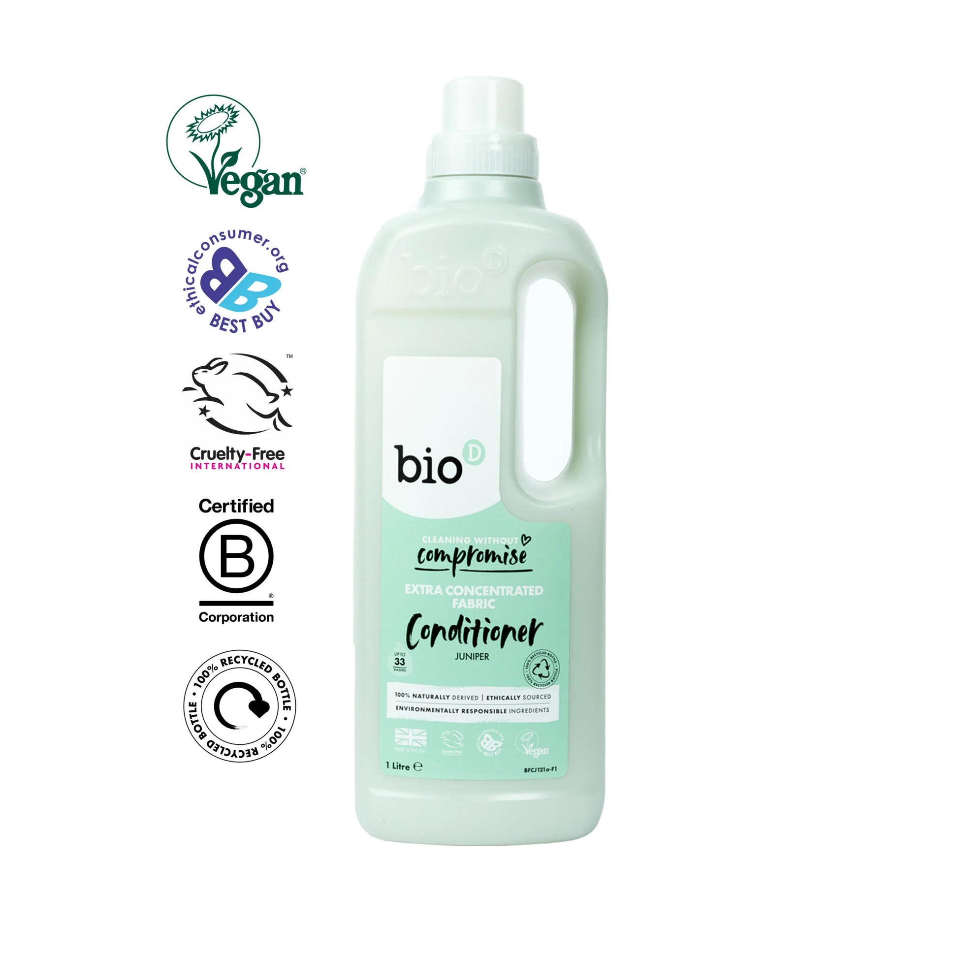 Bio-D Fabric Conditioner Juniper 1 litre Front label bottle with logos.