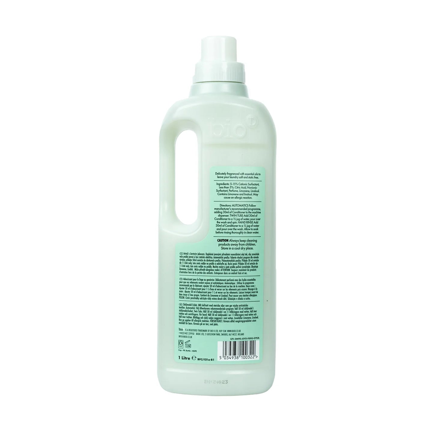 Bio-D Fabric Conditioner Juniper 1 litre Back label bottle.