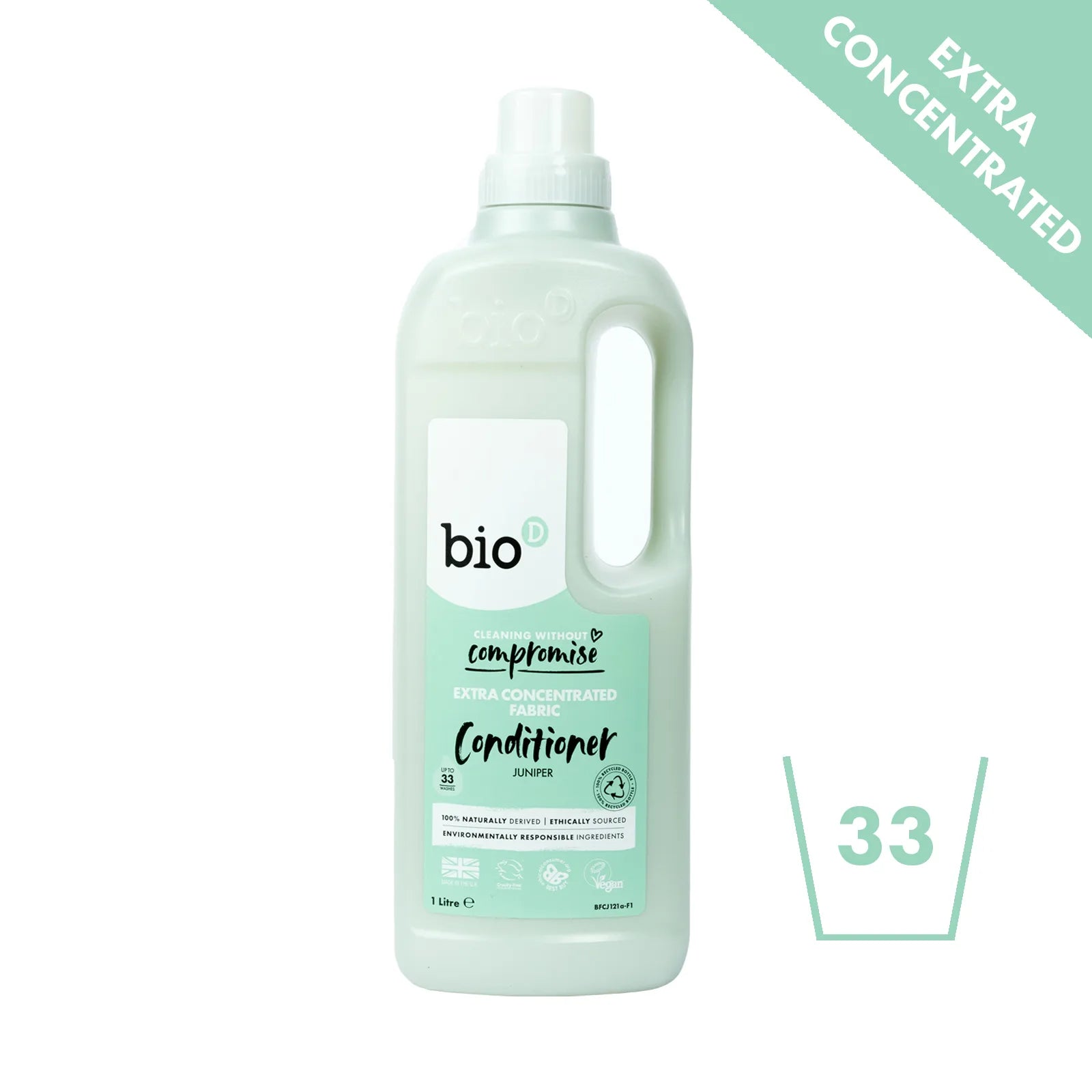 Bio-D Fabric Conditioner Juniper 1 litre Front label bottle Non-bio concentrated logo.