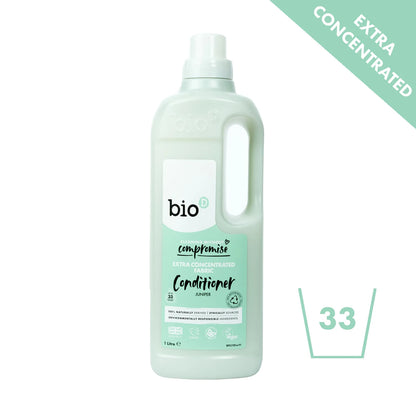 Bio-D Fabric Conditioner Juniper 1 litre Front label bottle Non-bio concentrated logo.