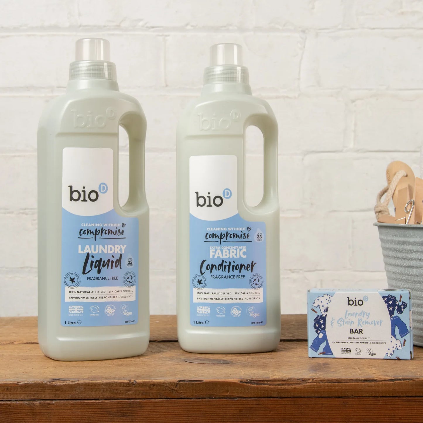Bio-D Laundry Liquid & Fabric Conditioner Fragrance Free 1 litre Front label bottles.