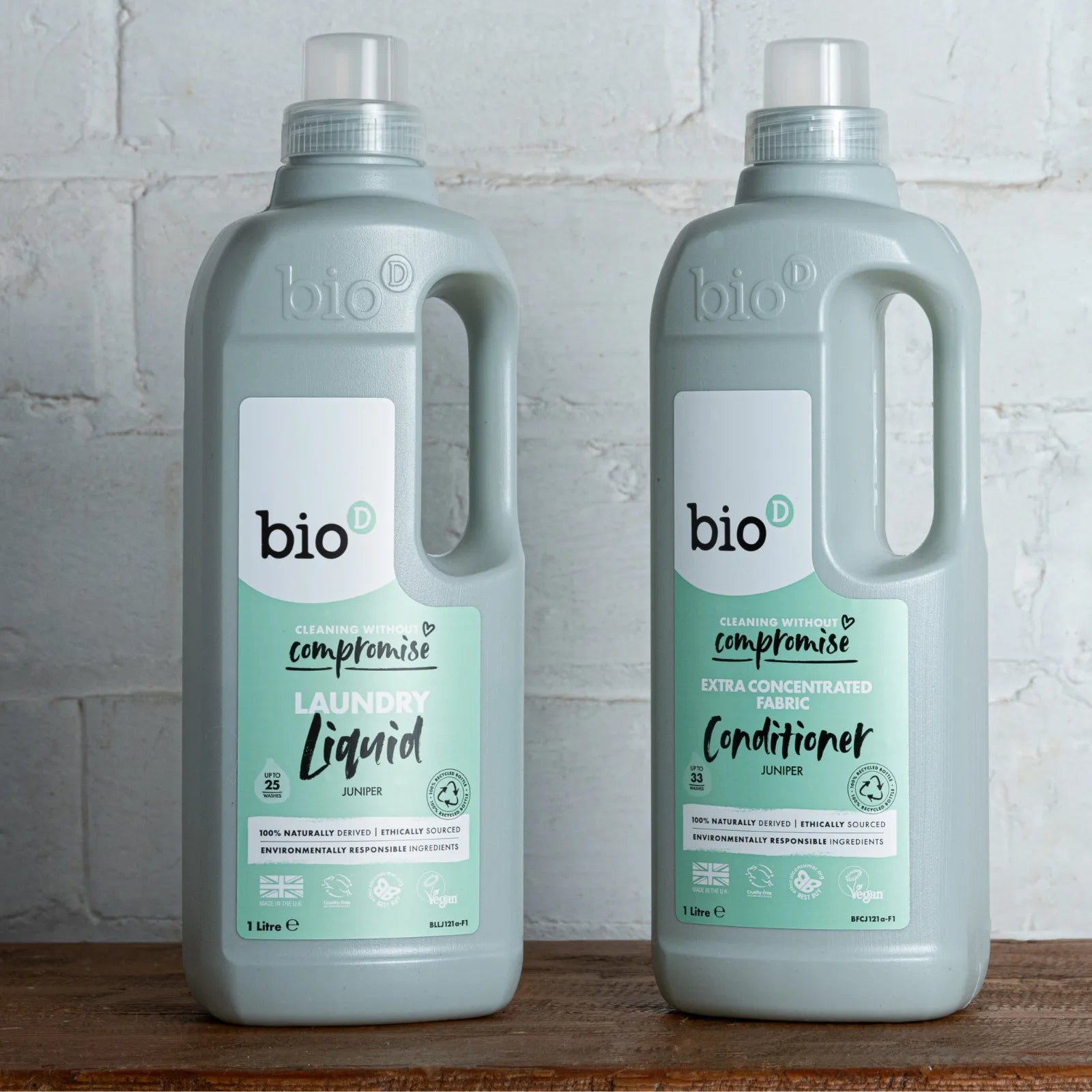 Bio-D Laundry Liquid & Fabric Conditioner Juniper 1 litre Front label bottles.