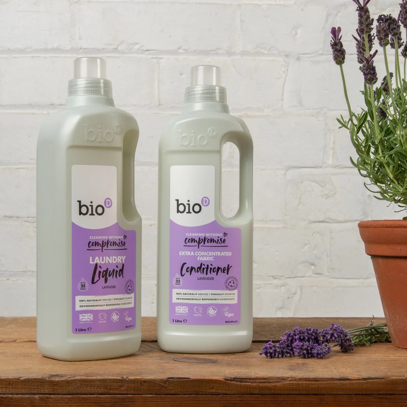 Bio-D Laundry Liquid & Fabric Conditioner Lavender 1 litre Front bottles with a lavender plant.