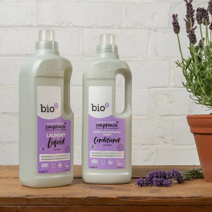 Bio-D Laundry Liquid & Fabric Conditioner Lavender 1 litre Front bottles with a lavender plant.