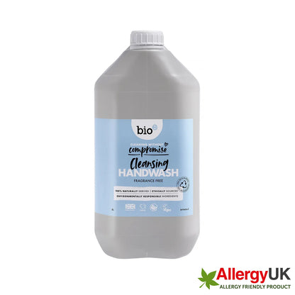 Bio-D Hand Wash Fragrance Free 5 Litre Front label with Allergy UK friendly product logo.