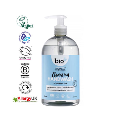 Bio-D Hand Wash Fragrance Free 500ml Front label bottle with logos.