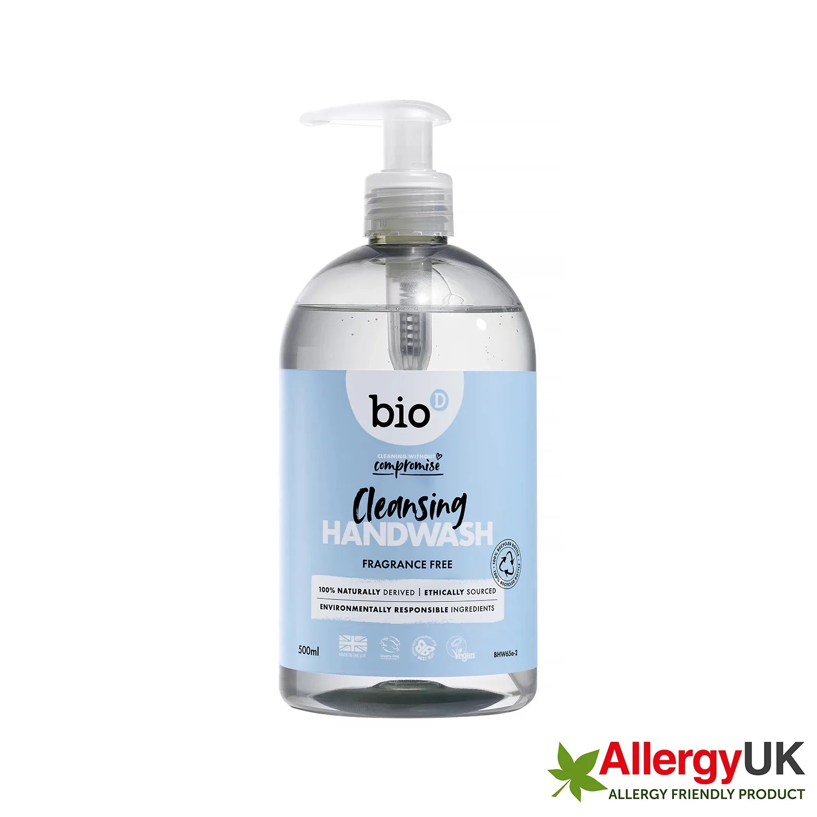 Bio-D Hand Wash Fragrance Free 500ml Front label bottle with Allergy UK friendly logo.