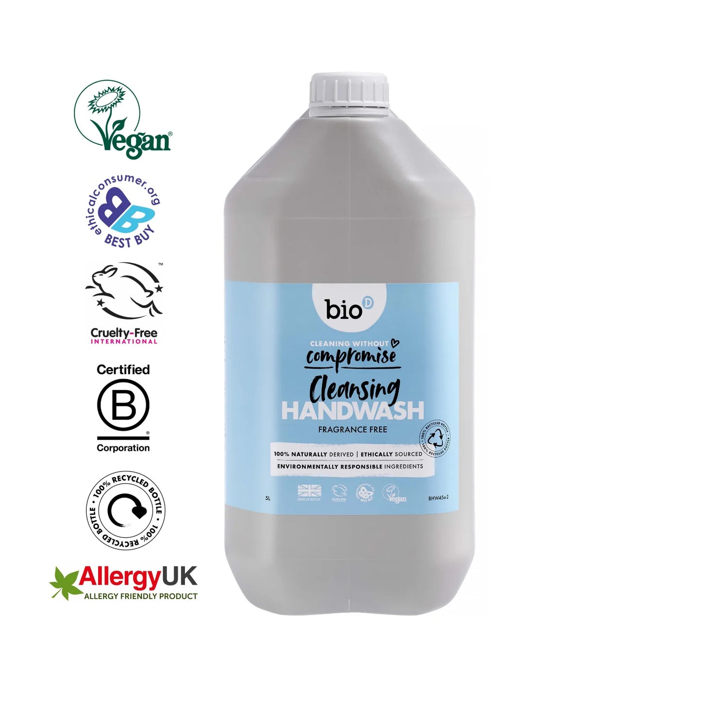 Bio-D Hand Wash Fragrance Free 5 Litre Front label with logos.
