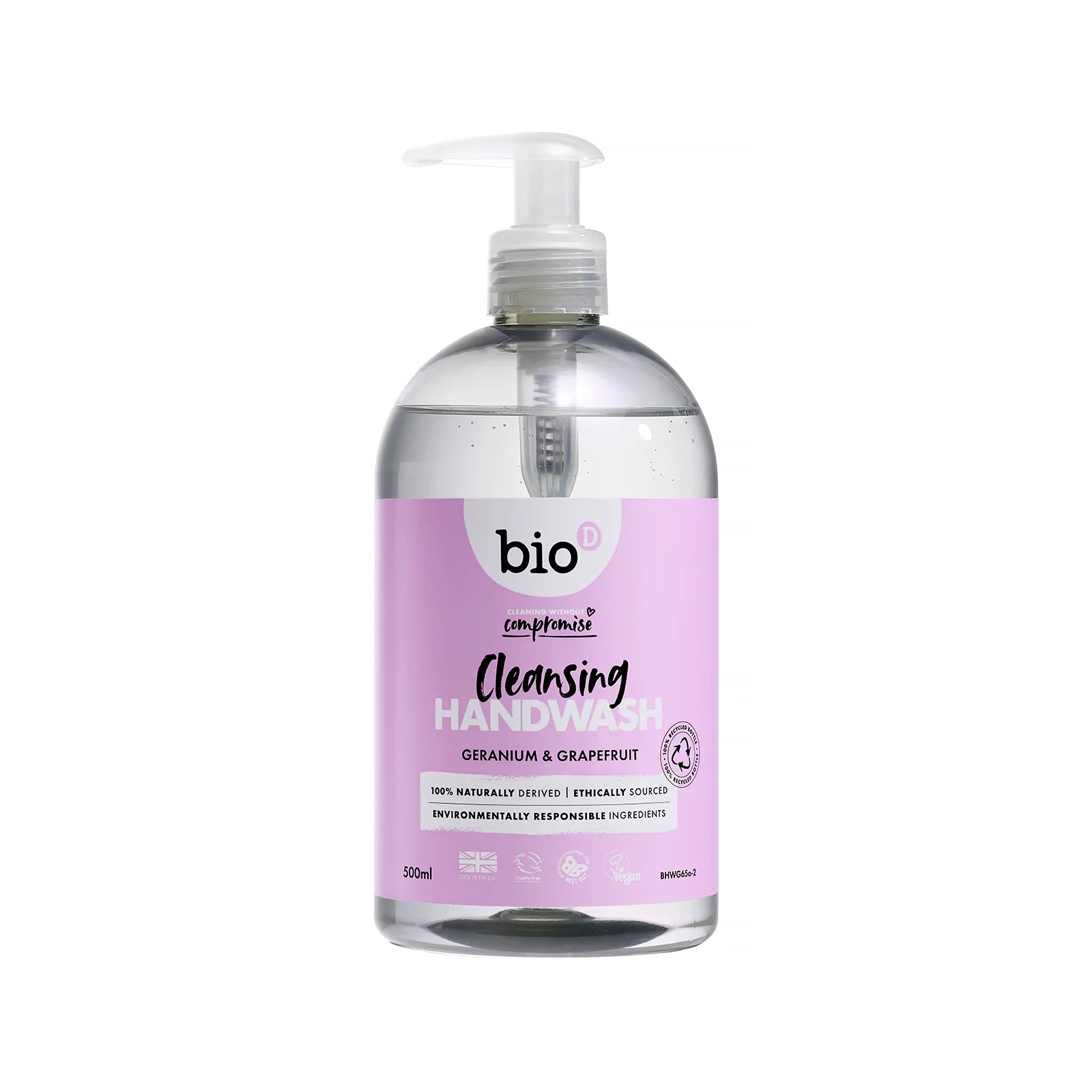 Bio-D Hand Wash Geranium & Grapefruit 500ml Front label bottle.